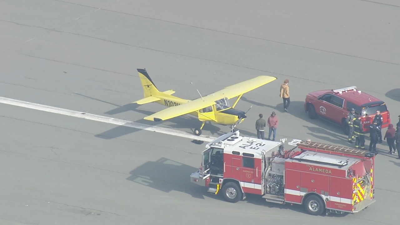 A small plane had to make an emergency landing at the decommissioned naval air station in Alameda on Friday because of an engine issue, the FAA said.